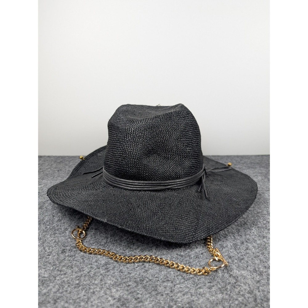 Ruslan Baginskiy Hat Black Straw Fedora Monogram Chain Cowrie Charm Ukraine XS
